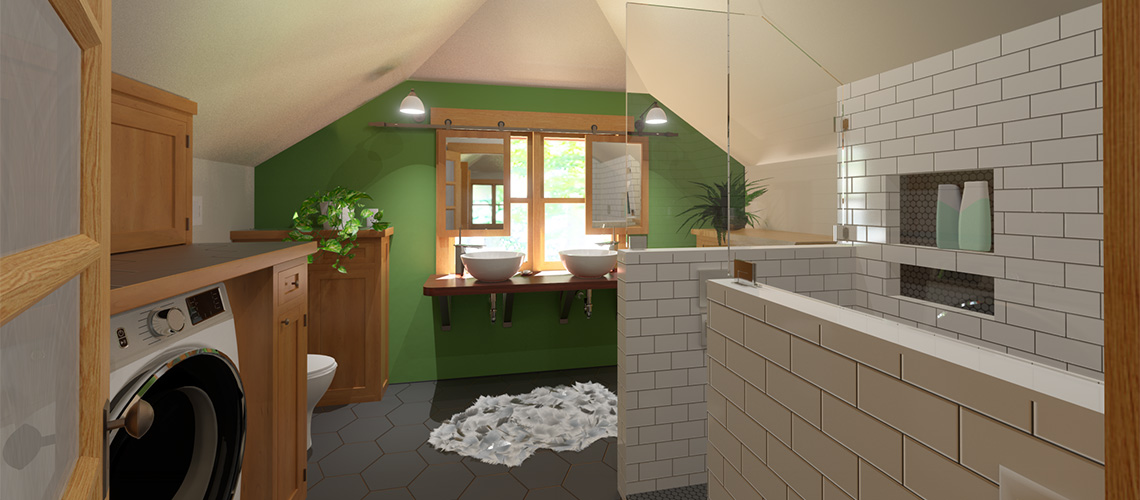 Attic bathroom with green accent wall, white tile shower, black floor, cherry cabinets, floating counter vanity, laundry machines and sheepskin rug