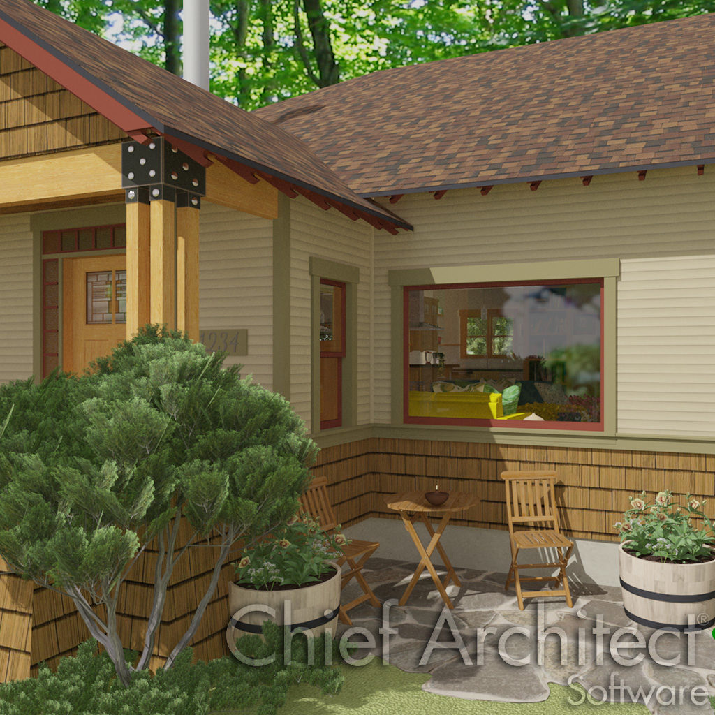 exterior close-up rendering of a craftsman homes entry with a small flagstone patio to the left furnished with cafe seating