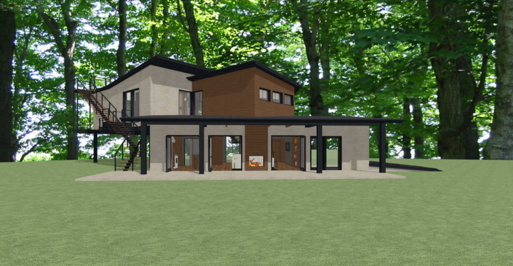 Modern two story rendering with wood accents and a stucco exterior.