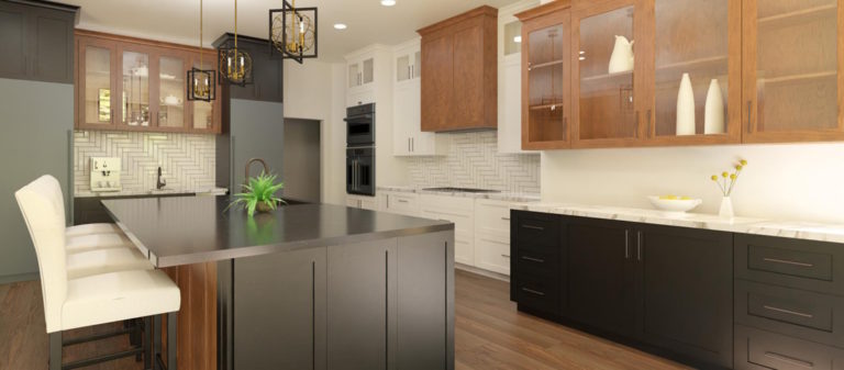 Modern kitchen space with dark accent base cabinets and full herringbone tile backsplash