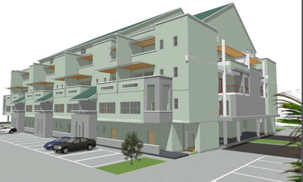 3 story residential apartment building with front deck