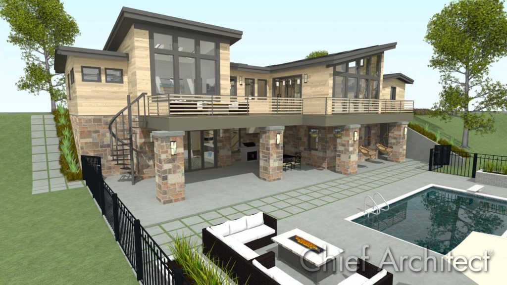 An exterior rendering of a house designed in Chief Architect. 