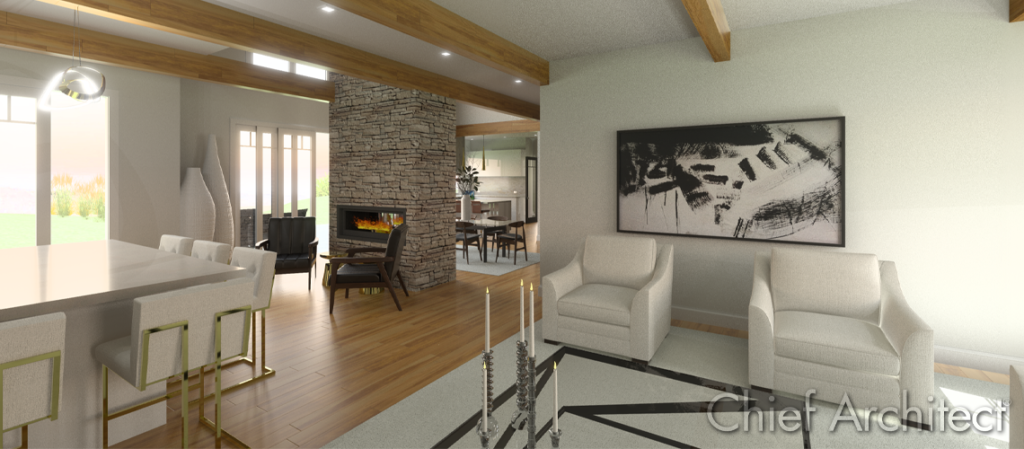 A rendering of a living room with a floating fireplace and the view of a bar and dining room.