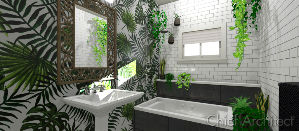 A bathroom with a large palm leaf wallpaper, pedestal sink, and a built-in bathtub with a ledge for plants.