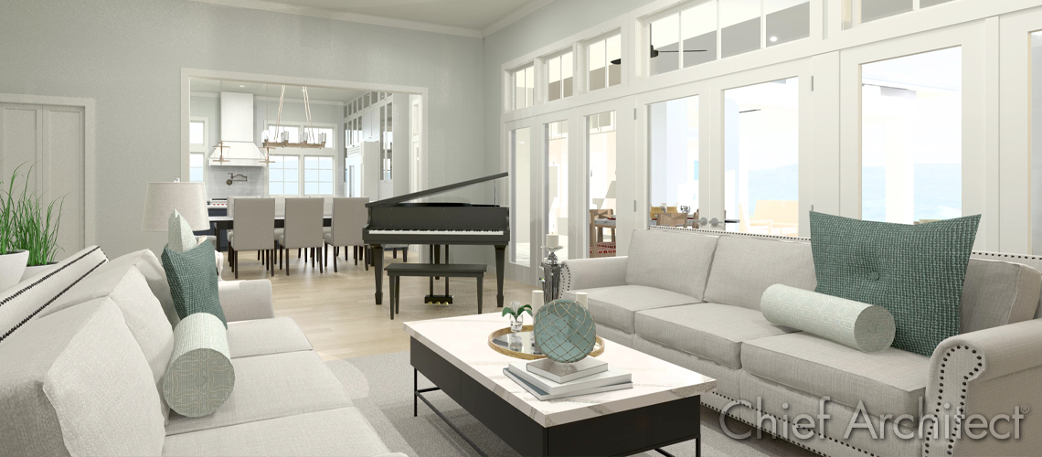 A rendering of a living room with two sofas, a piano, and the view of the kitchen in the next room.