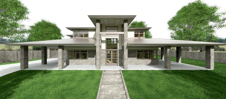 Modern residential design with gray stone exterior.