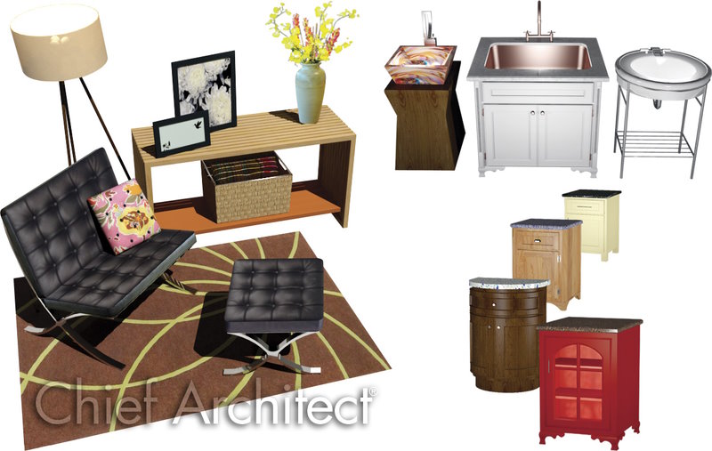 Example of Chief Architect library objects including cabinetry, furniture, sinks and accessories