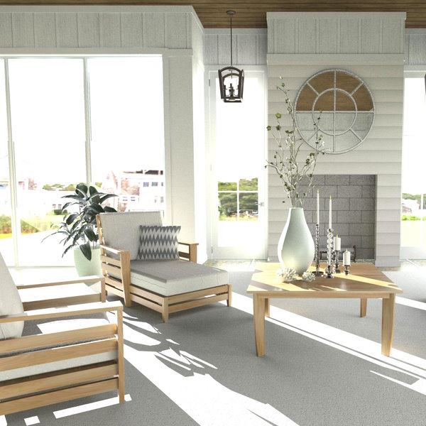 Rendering of a living room with fireplace and patio doors