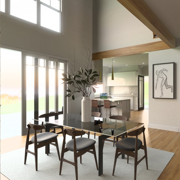 Rendering of a dining room with open ceiling