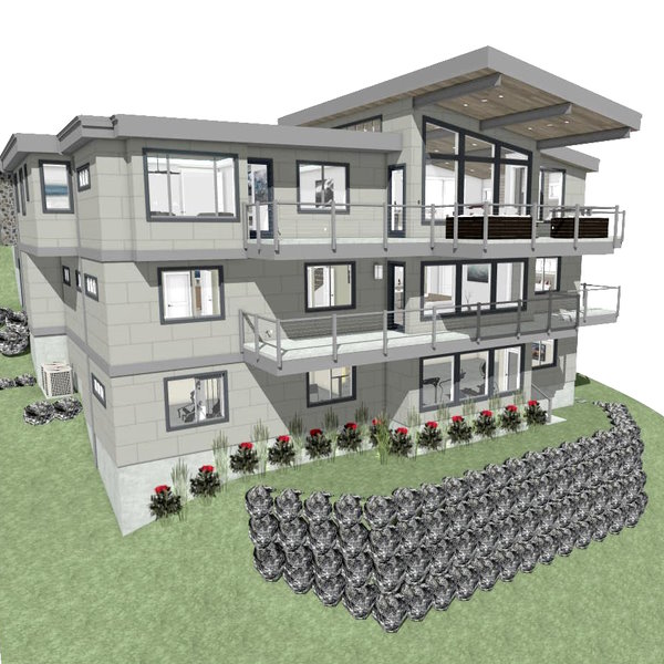 Rendering of a contemporary hillside house with daylight basement.