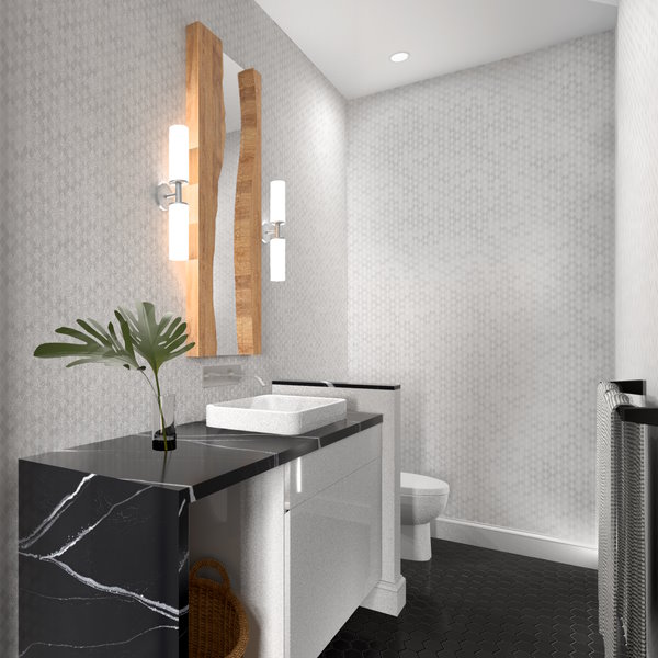 Rendering of bathroom with waterfall vanity, vessel sink and river mirror