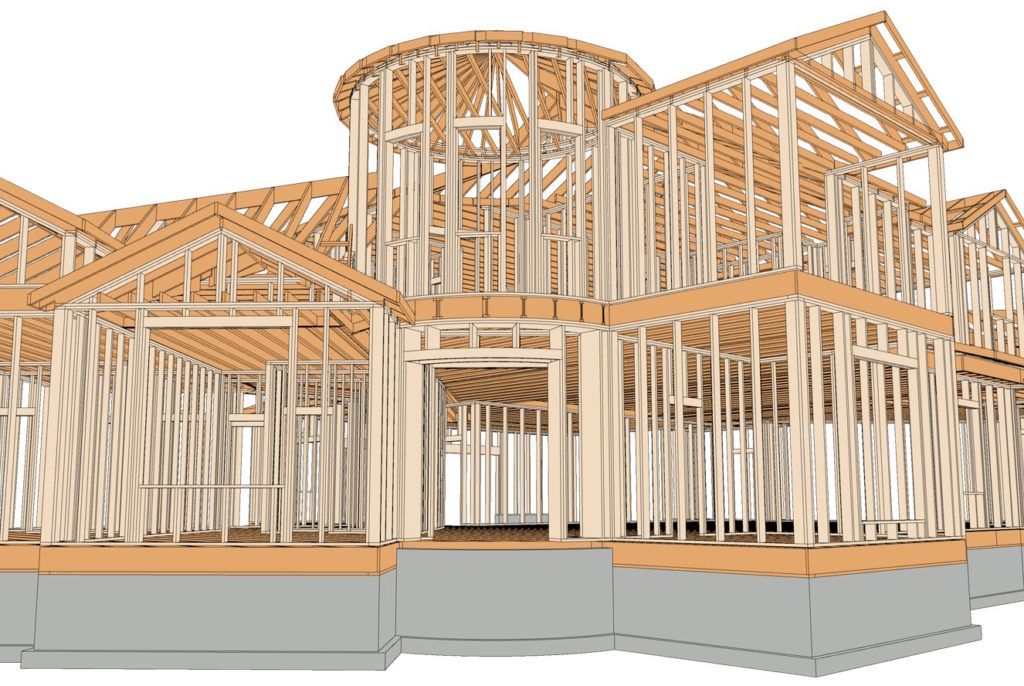 3D view of residential framing and turret framing