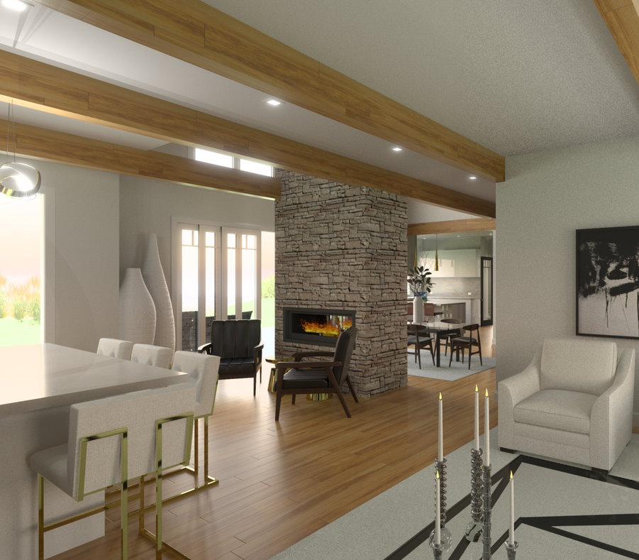 Rendering of a living room with double sided fireplace