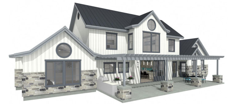 3D rendering exterior modern farmhouse with pergola