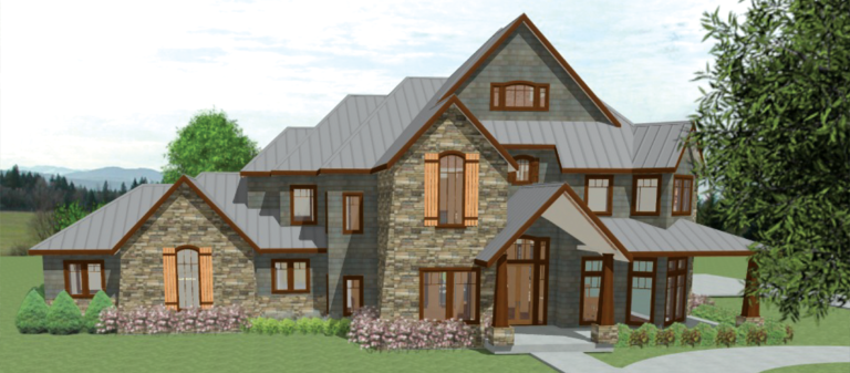 The exterior rendering of a large home with grand entrance, stone work, and wooden shutters.