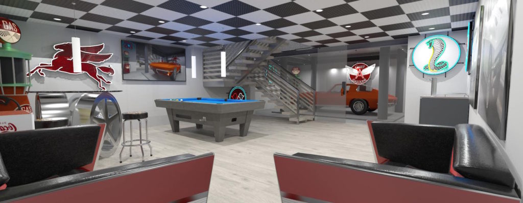 Rendering of a basement game room
