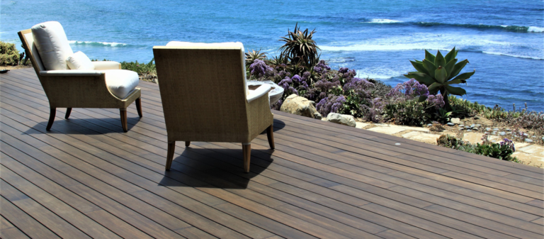 A deck on the ocean made using Moso Bamboo products.