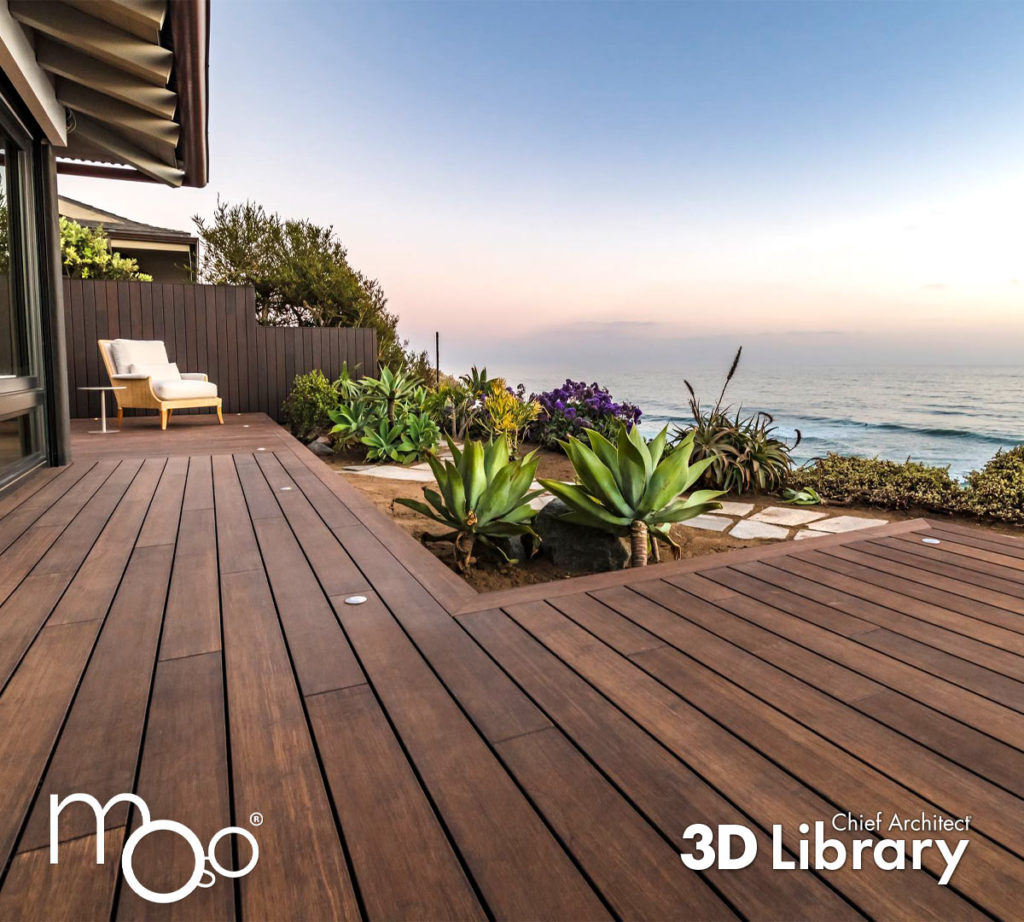An L-shaped Moso Bamboo deck on the water with Moso and Chief Architect 3D Library logos on top.