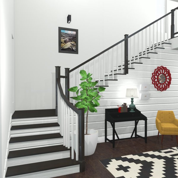 L-shaped stairs and shiplap wall