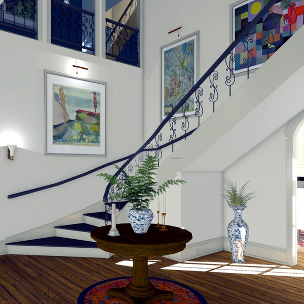 Curved stair foyer with decorative railing