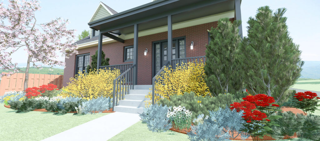 A 3D rendered view of the front porch of a brick home surrounded by landscaping.
