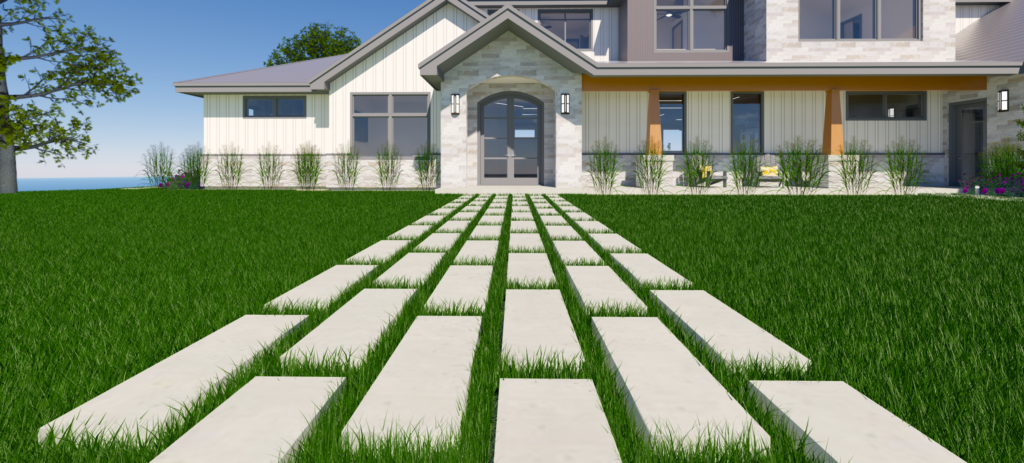 A rendering that highlights the realistic procedural grass feature in Chief Architect with an exterior home rendering in the background. 