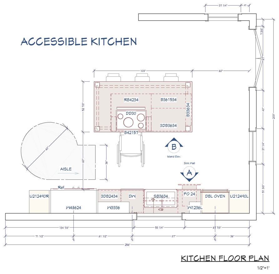 2D floor plan view of an accessible kitchen