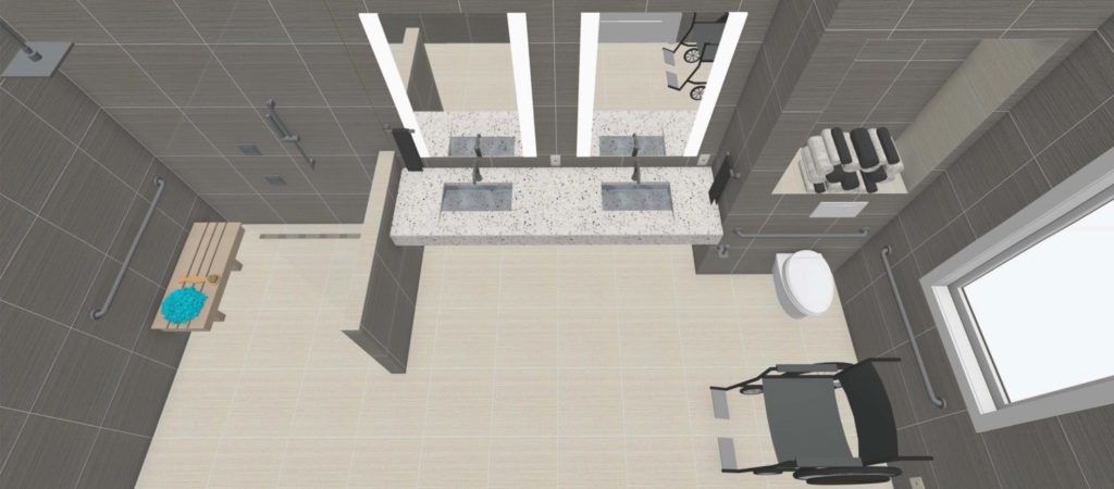 Rendering of a barrier shower and accessible sink