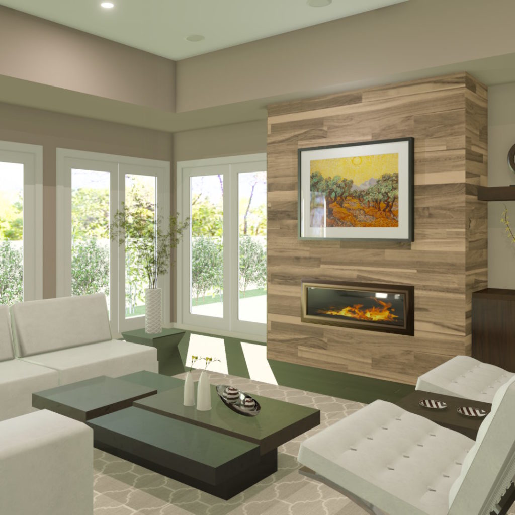 Living room with fireplace and a view to the outdoors