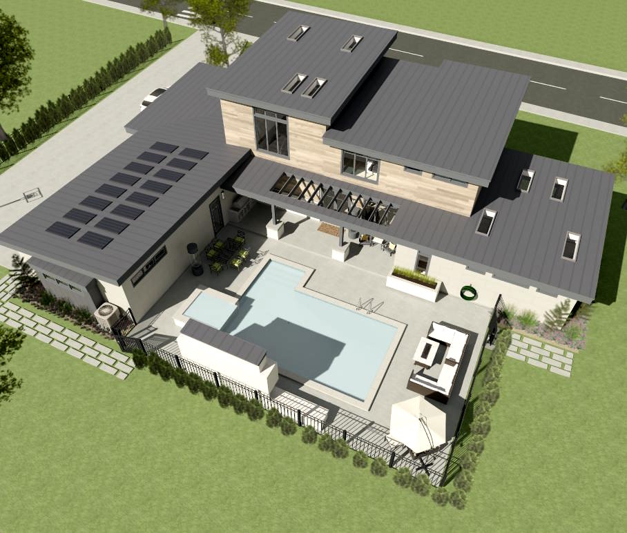 3D rendering of a home with solar panels.