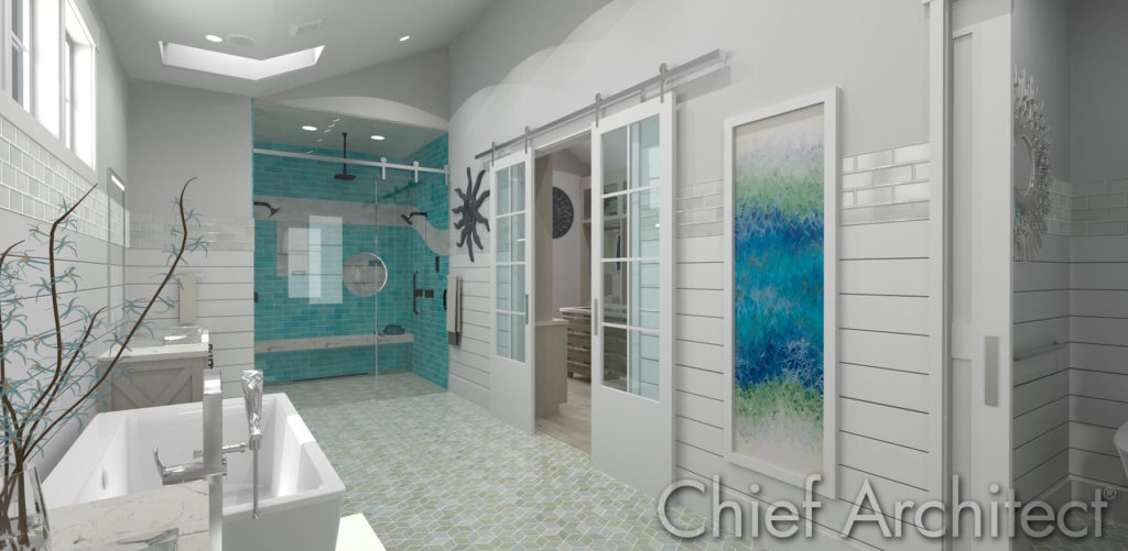 Main bathroom with a blue and white theme using Chief Architect