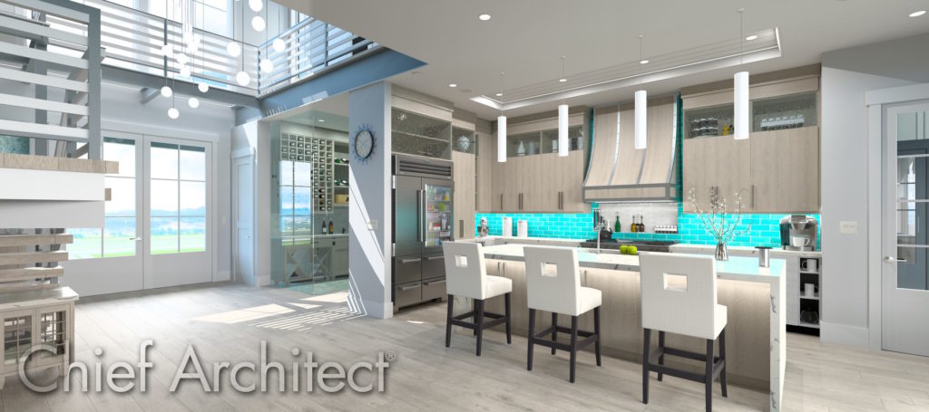 Large kitchen with an island and chairs using Chief Architect
