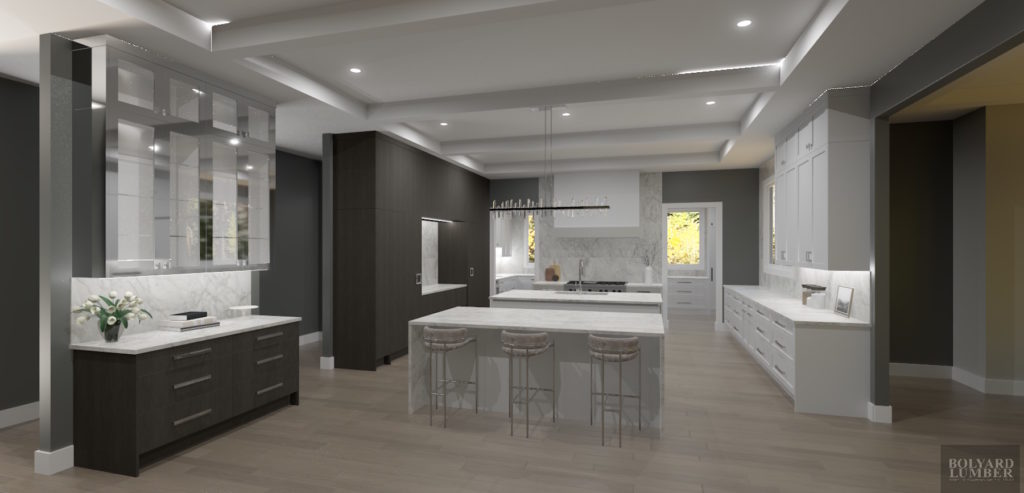 A Kitchen 3D rendering with a double island and a private chefs kitchen