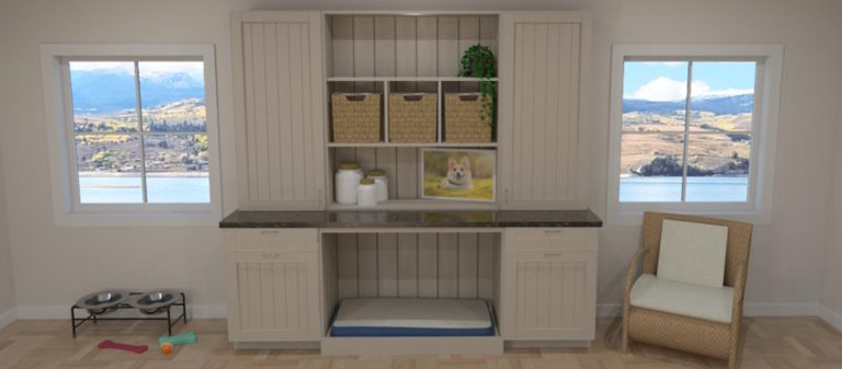 Built in pet space with bed and additional storage for treats and other essentials.
