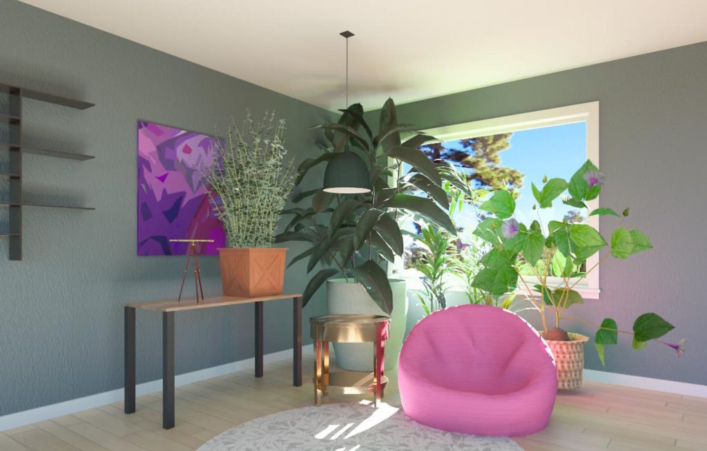 Seating space with a maximalist design feel with bright colors and plants 