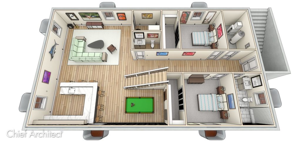 A 3D design of a basement designed in Chief Architect Software.