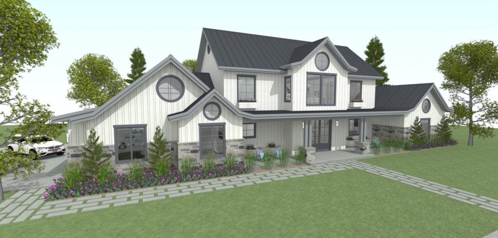 A 3D rendering of the front a house designed in Chief Architect Software. 