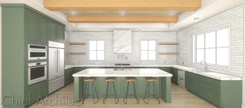 A kitchen with green custom cabinetry designed in Chief Architect.
