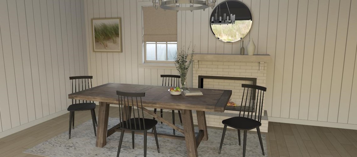 Farmhouse dining space with wooden table and white brick fireplace rendered in Chief Architect Software