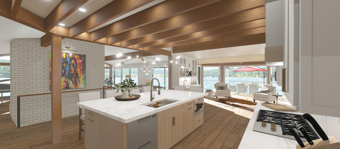 Kitchen space with expansive island with built in microwave and sink.