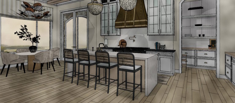 Watercolor rendering of traditional modern kitchen with large wood range, full height cabinets and waterfall island created by Anna Shultice using Chief Architect Premier