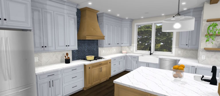 Spacious kitchen with full backsplash and expansive range hood.