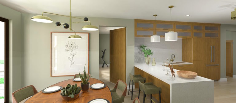 Modern kitchen space with boho feel that includes natural wood cabinets and peninsula with waterfall countertop edge.