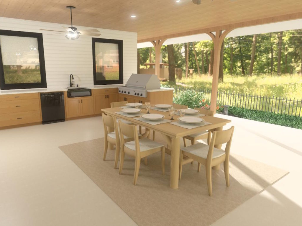 Chief Architect rendering of modern farmhouse outdoor kitchen with dining table