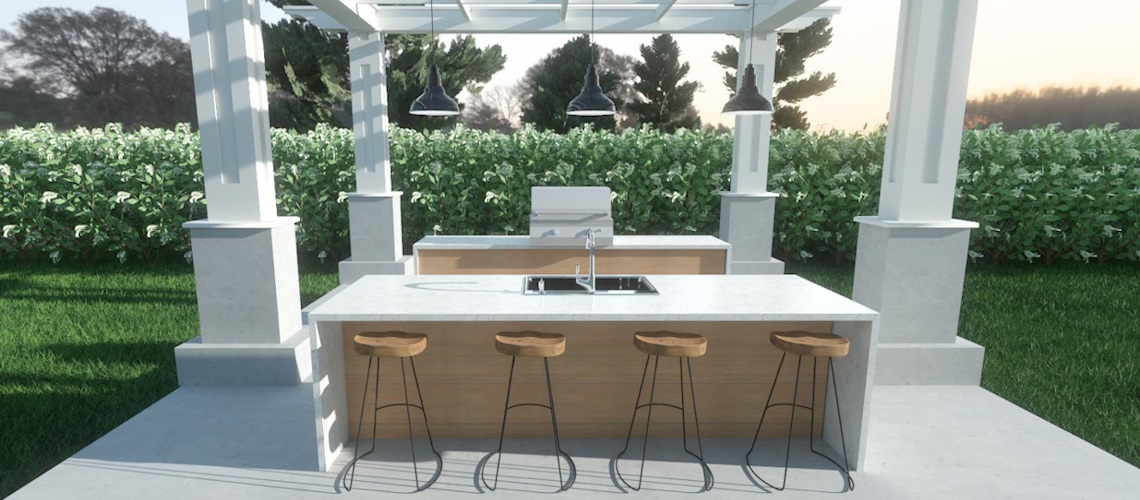 Chief Architect Rendering of outdoor pergola with outdoor kitchen that includes a grill and sink.