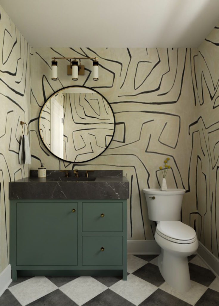 Modern bathroom space with a bold wall design and green vanity made with Chief Architect. 