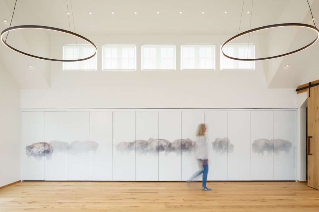 Wall of full-height cabinets to hide a desk workspace with an image of buffalo spanning the front of the cabinets.