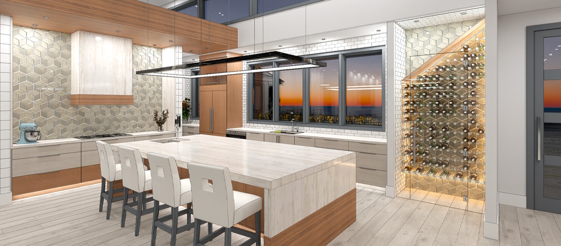 A modern kitchen with a large marble island, warm wood accents, hexagon-tile backsplash, and a glass-enclosed illuminated wine wall overlooking a sunset through wide windows.