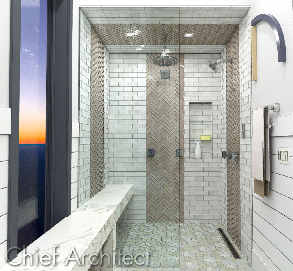 A large walk in shower, designed in Chief Architect. 