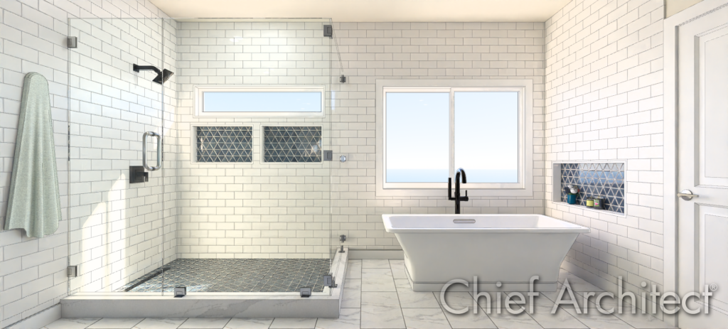 A glass shower with white tiled walls and floor, designed in Chief Architect.